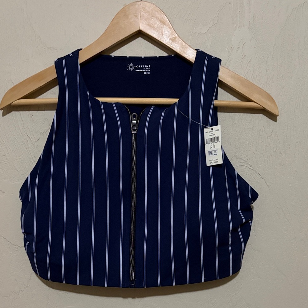 Offline by Aerie Navy Pinstripe Zip-Front Sports Bra.